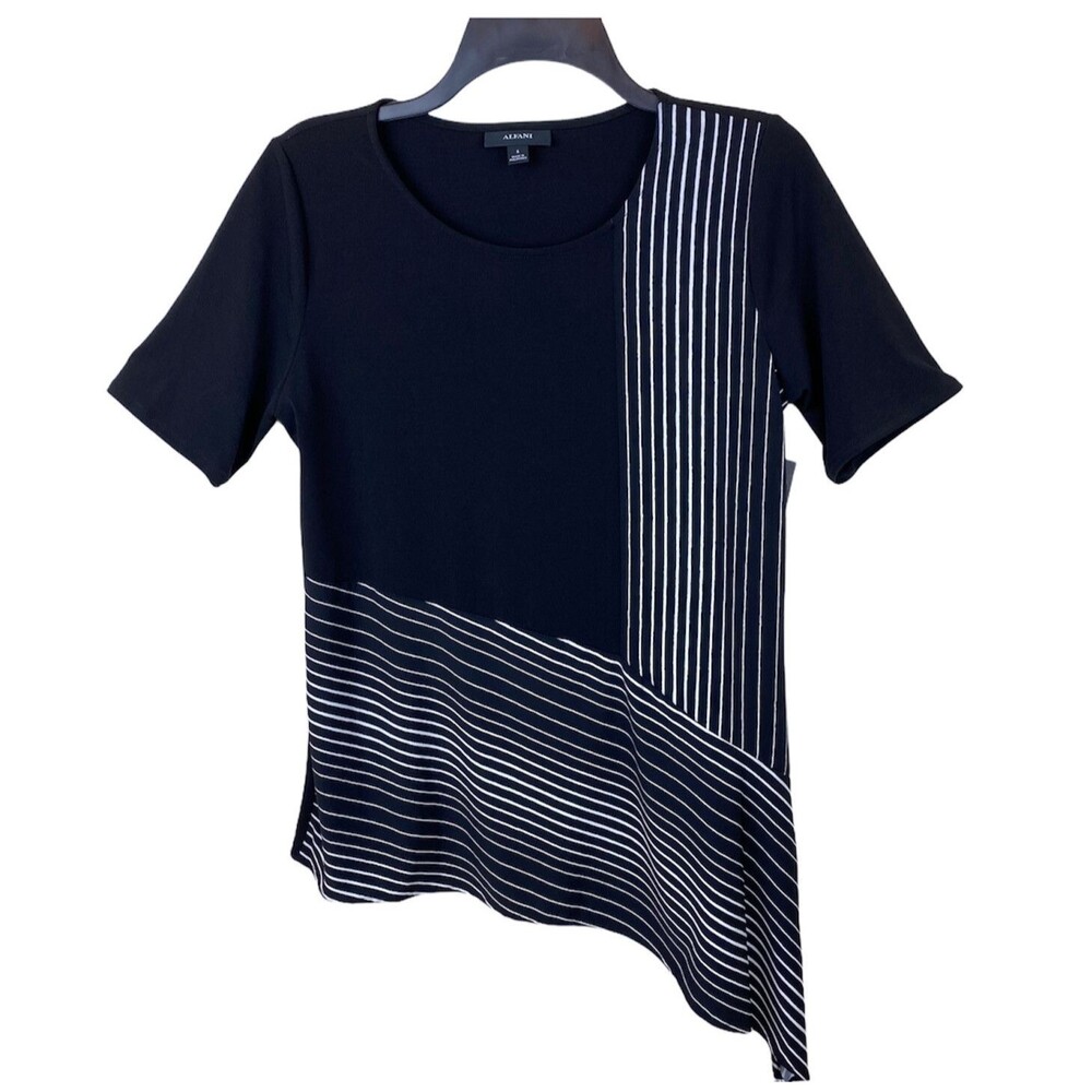 Alfani Printed Asymmetrical Hem Black Stripe Ombre Small Black Short Sleeve New